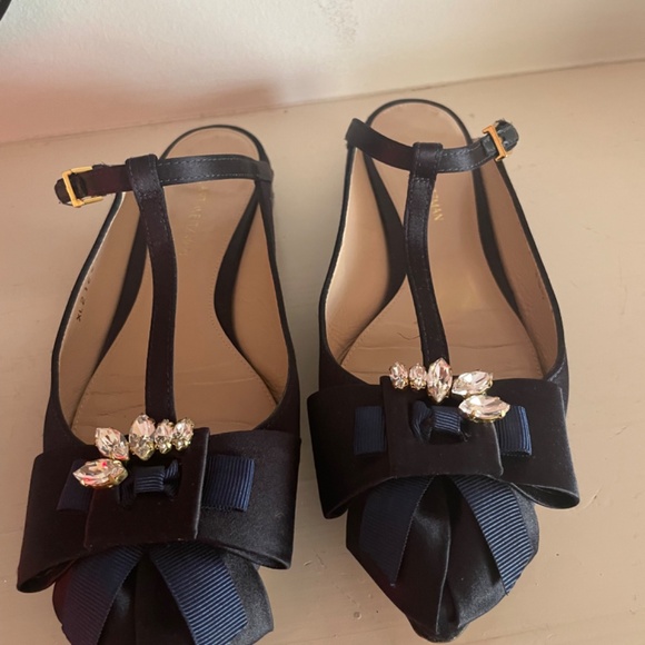 Stuart Weitzman Navy Satin Embellished t-strap flat mule 35.5 - Picture 10 of 12